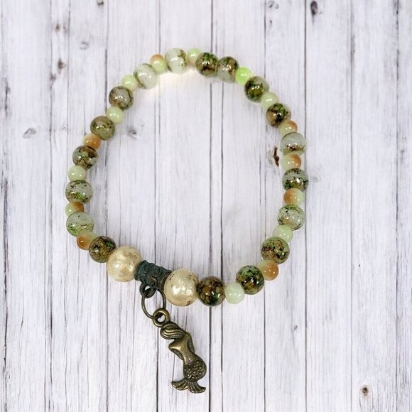 Mermaid Charm Stretch Bracelet Semi Precious Stones White Green Orange OS - Picture 2 of 4